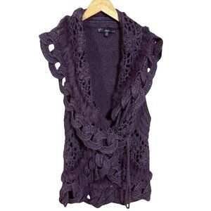 Boho Chunky Knit Vest Purple Real Fur Trim Size S/M EUC Bioni Sweater Chunky
